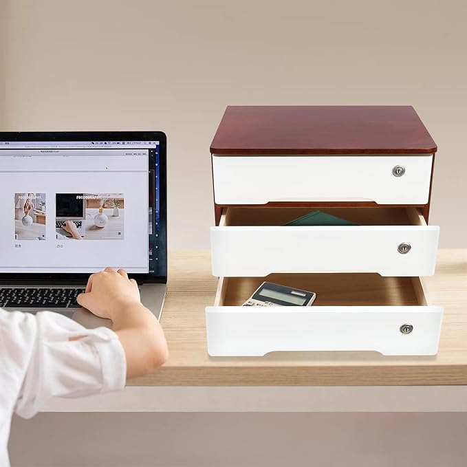 Wood Desk Organizer with 3 Drawers, Lockable Desktop Countertop Storage Cabinet for Home Office Supplies File Tabletop Organizing Unit, 15.75" x 11.02" x 12.2" (Dark Brown + White)