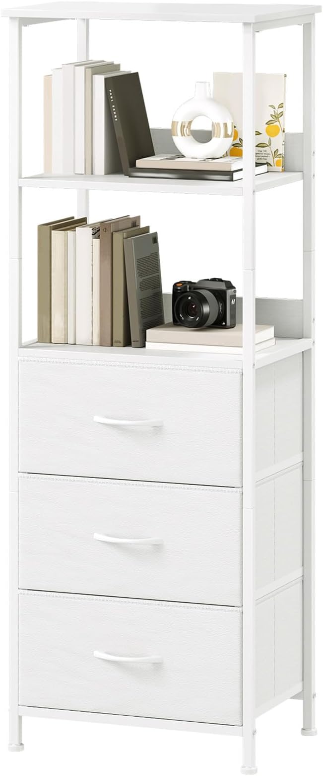 Somdot 5 Tier Bookshelf with Drawer, Tall Bookcase with Shelves, Bookshelf Desktop Organizer, Display Standing Shelf Units for Living Room, Bedroom, Study Room,White Leather