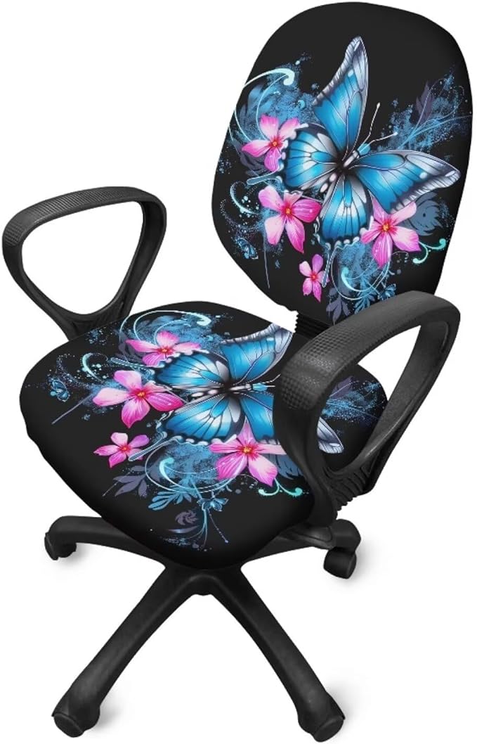 Butterfly Flower Office Chair Covers Stretchable Office Chair Seat Cover 2 Piece Washable Gaming Chair Cover Universal Fit Wheelchairs,Computer Chairs,Gaming Chairs Blue