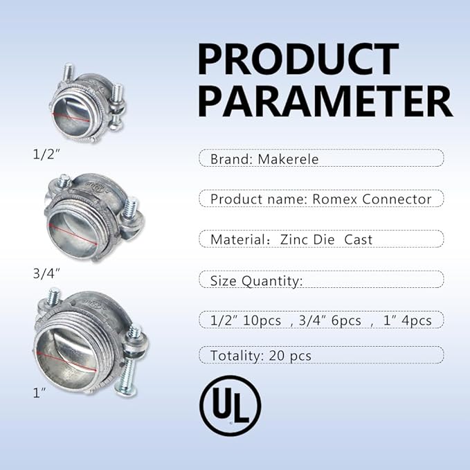 MAKERELE 20-Piece Multi-Size Connector Kit - Includes 1/2 Inch, 3/4 Inch, and 1 Inch Clamp Type Cable Connectors - UL Listed - Zinc Alloy for Metallic Conduit - Versatile for, NM and SE Cable