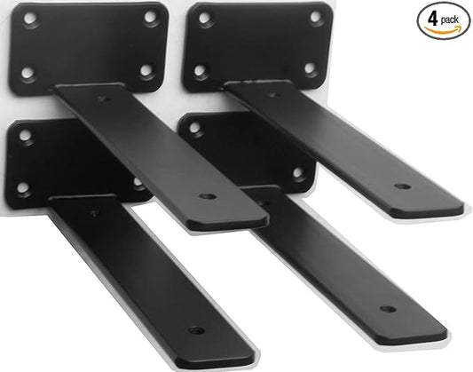4 Pack - 8 inch Black Hidden L Shelf Bracket (1/5 Inch Thicked) Iron Floating Shelf Brackets Rustic Industrial Metal Brackets for Shelf Support