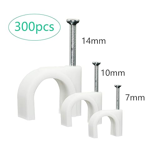 SinLoon 300pcs Cable Clips with Steel Nails 7mm 10mm 14mm Wire Holders Durable, UV Resistant Plastic Clips Help Organize Coax, Ethernet and Other Cords(Circular)