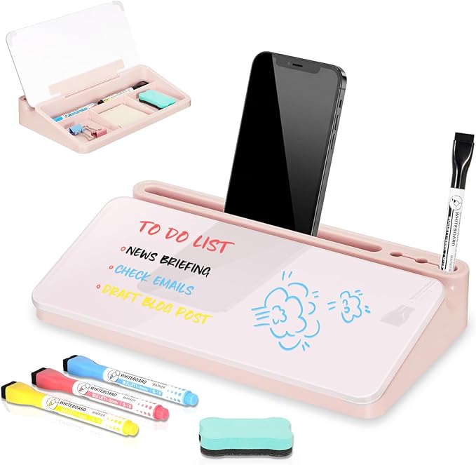 DOLLAR BOSS 12''x7'' Glass Desktop Whiteboard Small Dry Erase Board with Storage Drawer Computer Keyboard Stand Desk Organizer Office Accessories School Supplies with 4 Markers, Pink