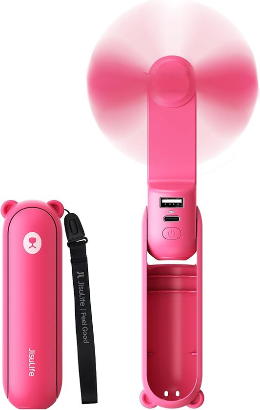 JISULIFE 3 IN 1 Handheld Mini Fan - Portable Fan & Power Bank & Flashlight, 19H Max Cooling, USB Rechargeable, Pocket-Sized for Travel, Cruise, Concerts, Makeup, 2026 Summer Gifts for Women(Fuchsia)