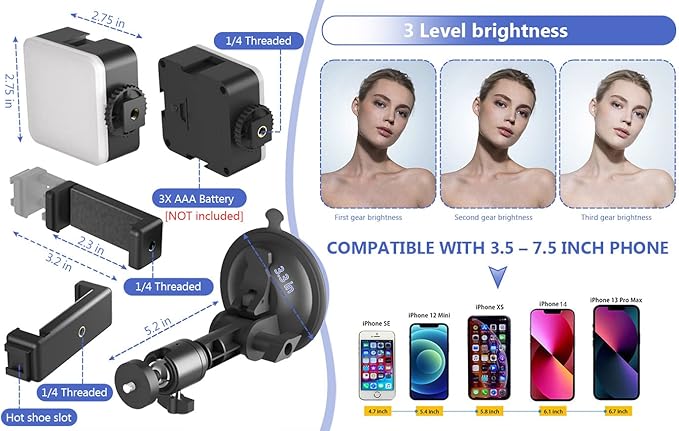 LenTok Suction Cup Mirror Phone Holder with Light, Travel Wall Phone Camera Mount for Makeup Content Creator Essentials, Mirror Tripod for Bathroom Kitchen Compatile with All Smooth Surface