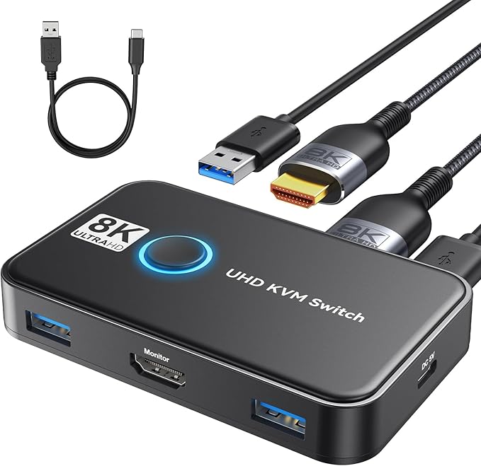 KVM Switch 1 Monitors 2 Computers Viagkiki USB Switch for 2 Computers Share Keyboard Mouse Printer and one HD Monitor Support UHD 8K@60Hz with 2 USB Cable and 2 HDMI Cable (Black)