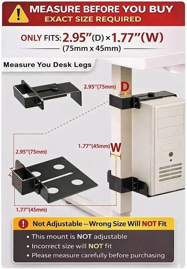 Under Desk PC Mount & CPU Holder, No-Drill Clamp-On Stand for Standing Desk (Fits 75x45mm Square Legs), Adjustable Steel Computer Tower Holder, Heavy-Duty 40lbs/18kg, Black