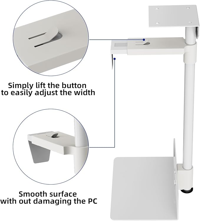 Under Desk and Wall Computer Mount, CPU Tower Holder Under Desk Mount Height & Width Adjustable, Computer Case Stand Holder Holds 46 lbs, 360° Swivel PC Mount, Under Desk CPU Holder Mount, White