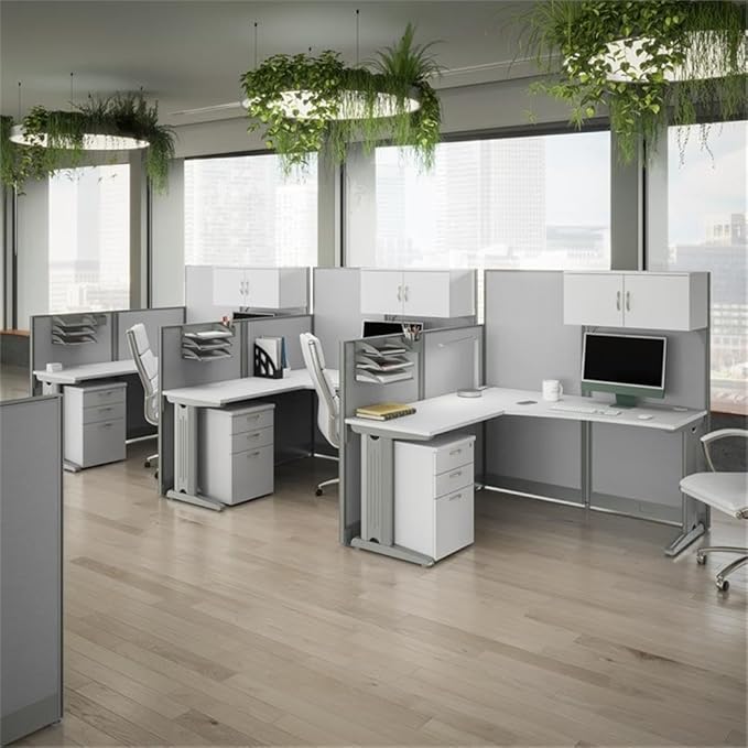 Bush Business Furniture Office in an Hour 3 Person L Shaped Cubicle Desks with Storage, Drawers, and Organizers in Pure White | Triple Workstation Set with Privacy Panels for Commercial Workspace