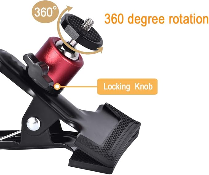 UTEBIT Tripod Camera Clip Clamp with 360 Degree Swivel Mini Ball Head 2 Pack Clip Camera Mount Photography Accessories 1/4'' Screw Black Spring Clamp for DSLR Video Photoshoot Studio