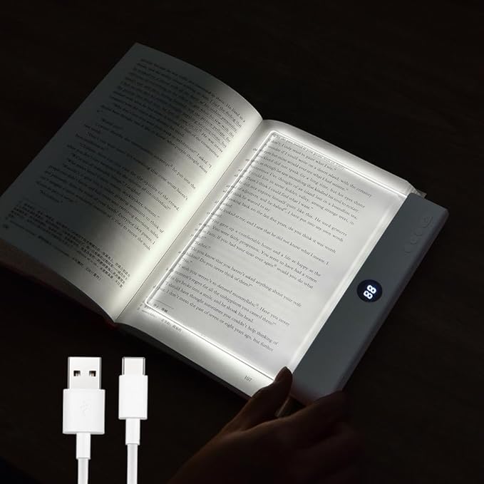 Book Light, Rechargeable Clear LED Flat Reading Light with 3 Colors & Timer, Dimmable Panel Plate Lamp Book Full Page Light for Reading in Bed at Night, Funny Gifts for Readers Kids Women Men (White)
