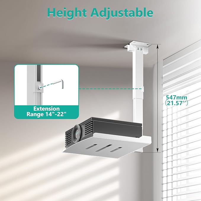 WALI Projector Ceiling Mount Tray, Height Adjustable Wall Mount Holder for Projectors, Hidden Cable Management, Fits Projectors up to 22lbs, 13.7" x 8.6" Platform, White (PM-005-W)