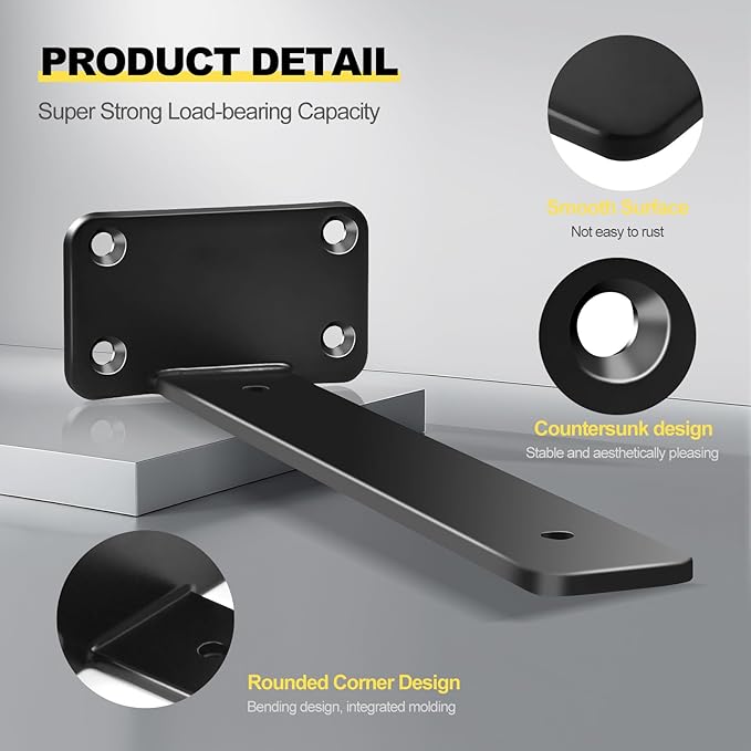 2 Pack - 12 inch Black Hidden L Shelf Bracket (1/5 Inch Thicked) Iron Floating Shelf Brackets Rustic Industrial Metal Brackets for Shelf Support