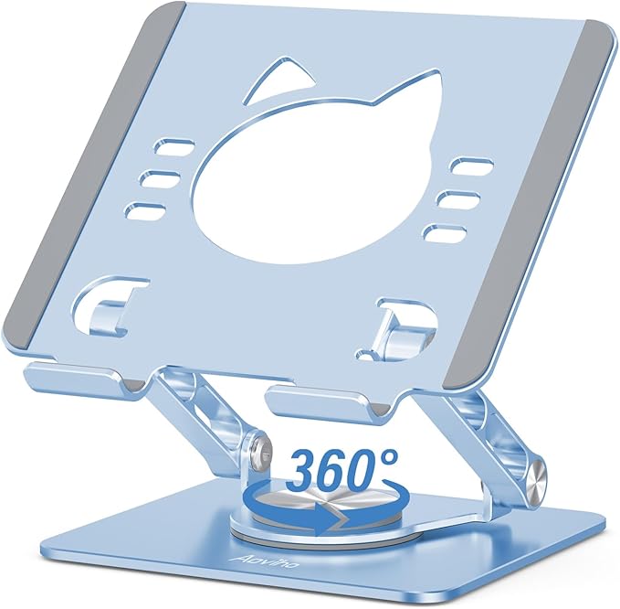 Aoviho Rotating Tablet Stand for Desk - [Adjustable] Drawing Stand for iPad, Portable Aluminum Desktop Holder, Compatible with 4.7–12.9 inch Devices, (Sky Blue)