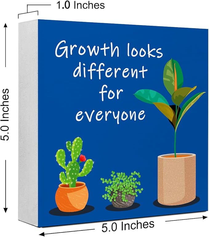 LVQHI Blue Inspirational Desk Sign,Growth Looks Different for Everyone Plant Motivational Wooden Block Sign for Home Bedroom Office Desk Decor 5“L x 5"W x 1.2"H