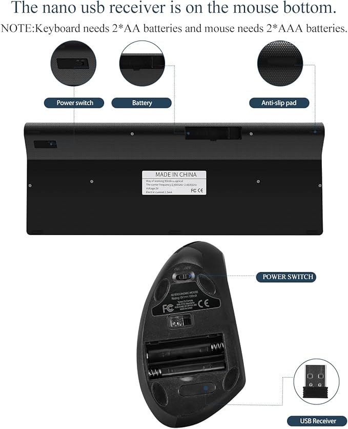 2.4GHz Wireless Vertical Ergonomic Mouse and Keyboard Combo Ultra-Thin Portable Size for PC Desktop Computer Laptop Mac Tablet