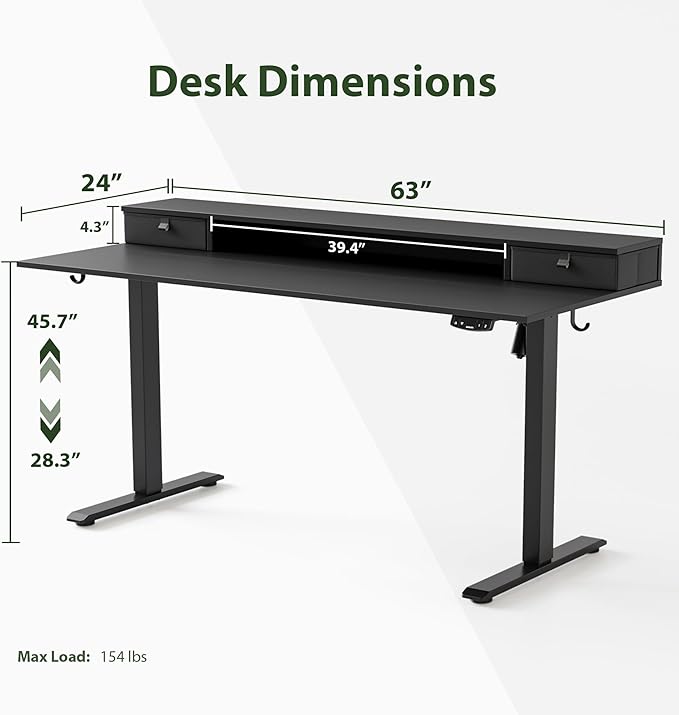 Agilestic 63 x 24 Inches Height Adjustable Electric Standing Desk with 2 Drawers, Stand Up Electric Desk Adjustable Height, Sit Stand Computer Gaming Table with Splice Board, Black
