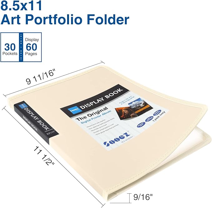 Sooez 30-Pocket Binder with Plastic Sleeves 8.5x11 (Ivory), Heavy Duty Art Portfolio Folder with Clear Sheet Protectors, Display 60 Pages, Presentation Book for Artwork, Document Organizer Binder