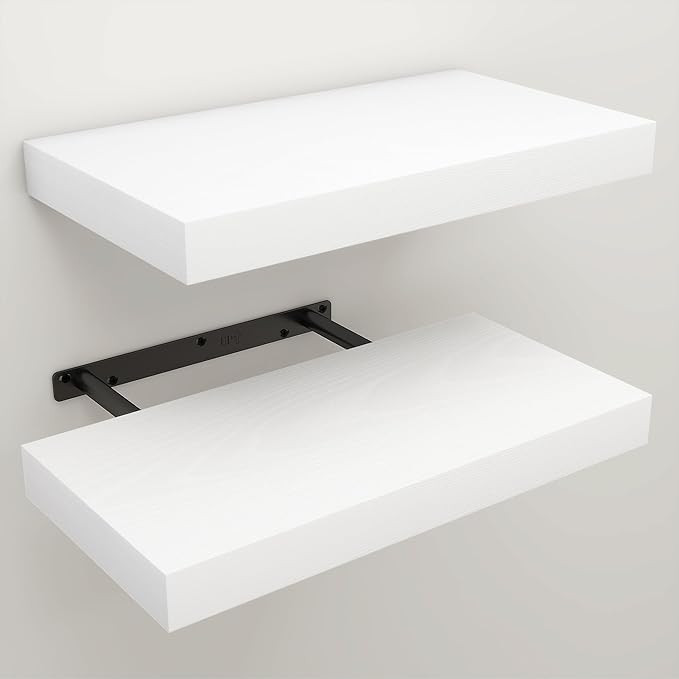 White Floating Shelves for Wall, 7.9" Deep Wall Mounted Wood Shelves for Bathroom, Bedroom, Living Room, Kitchen, Hanging Shelf for Books/Storage/Room Decor (White, 16")