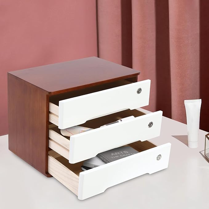 Wood Desk Organizer with 3 Drawers, Lockable Desktop Countertop Storage Cabinet for Home Office Supplies File Tabletop Organizing Unit, 15.75" x 11.02" x 12.2" (Dark Brown + White)