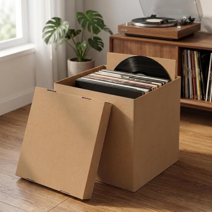 CRUGLA Vinyl Record Storage Boxes with Lids 7 Pack, 13 Inch Cube, Collapsible Corrugated Cardboard, Quick Fold Assembly with Pre-Applied Adhesive, Side Cut-Out Handles, Home Office Organizer
