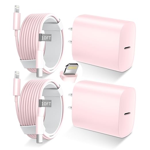 DiHines Phone 14 13 12 11 Fast Charger,10FT Long Fast Charging Lightning Cable with 20W USB C Charger Block for Phone 14/14 Pro Max/13/13 Pro Max/12/12 Pro Max/11/11Pro/XS/Max/XR/X,Pad,Pink