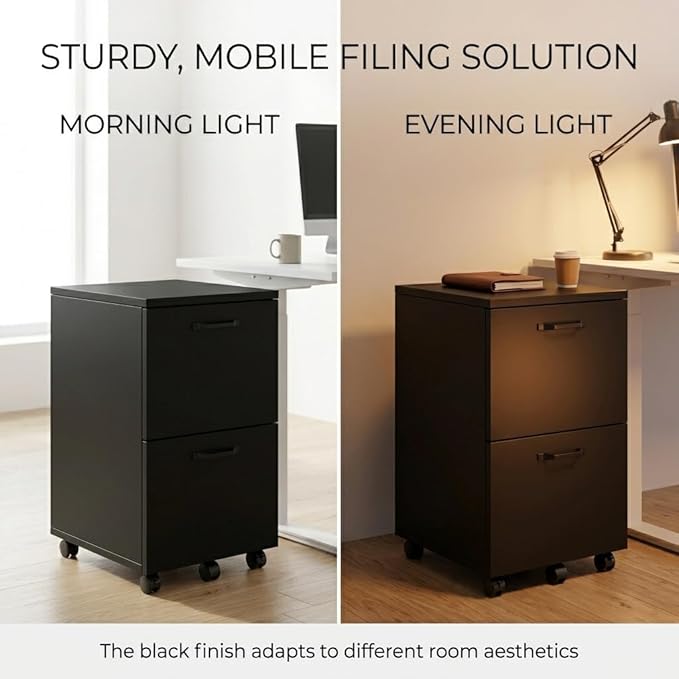 2 Drawer File Cabinet with Lockable Wheels, Rolling Filing Cabinet for Home Office, Wooden Mobile File Cabinet with Printer Stand, Under Desk Storage Organizer, Ink Black