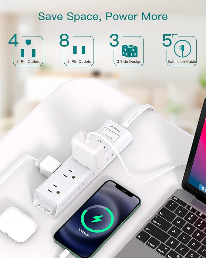 Addtam 2 Pack Power Strip Surge Protector with 12 Outlets, Flat Plug Extension Cord 5FT, Ultra Thin Wall Plug, 3-Side Wide Spaced Outlet Extender, Wall Mount Desk Charging Station for Home Office Dorm