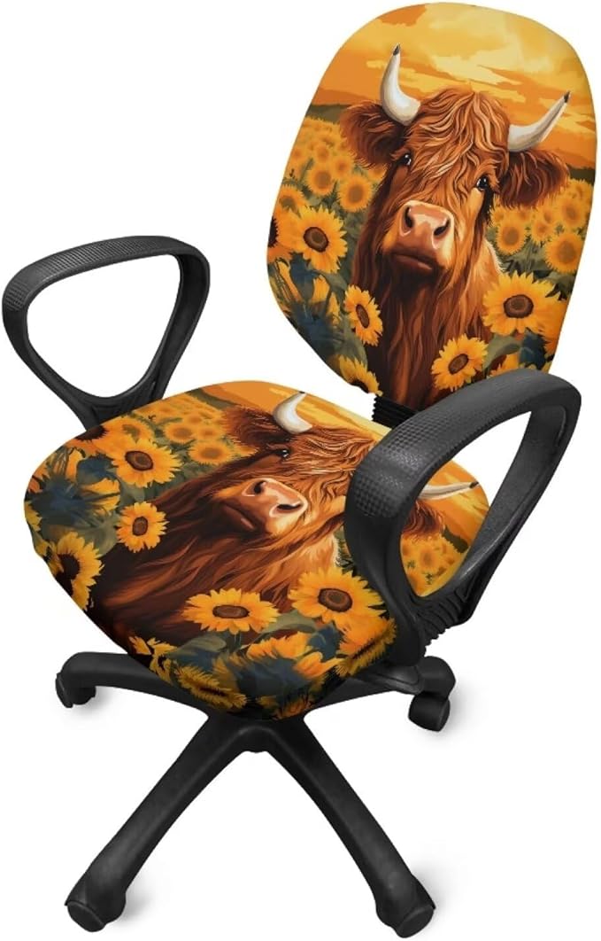 Highland Cow Office Chair Covers Stretchable Desk Accessories Universal Split Rotating Swivel Chair Slipcover Protector Computer Office Chair Seat Cover 2 Piece Office Gifts for Women Men