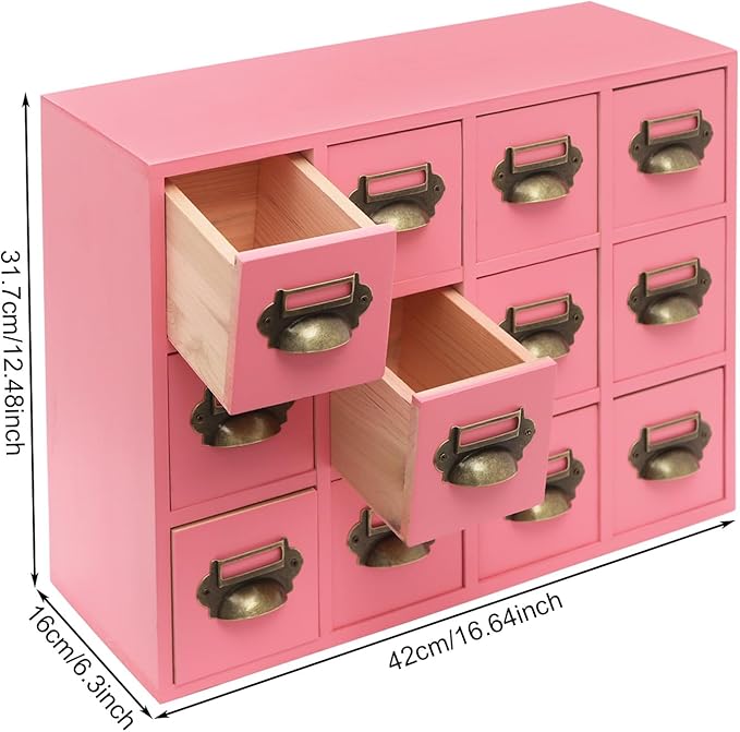 12 Drawer Drawers Storage Cabinet, Wooden Medicine Cabinet Desktop Drawer Organizer Herb Storage Box with Solid Wood Build & No Assembly for organize spices medicines jewelry cosmetics(Pink)