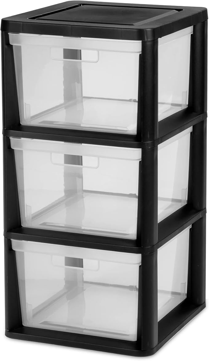 Plastic Drawer Wide Tower Plastic Storage Cart with Clear Pull Out Drawers, Black (Black, 3 Drawer Wide Tower)