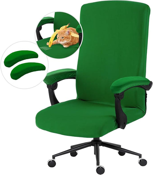 Stretch Computer Office Chair Cover with Armrest Covers Durable Zipper Universal Washable Removable Spandex Rotating Boss Chair Slipcovers Anti-dust Soft Desk Chair Seat Protector (Green)