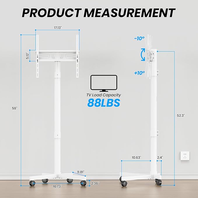 Mobile TV Cart Rolling TV Stand for 23-60 Inch LCD LED Flat Curved Screens up to 88 lbs-Height Adjustable Portable TV Stand on Wheels-Outdoor TV Stand Mount, Max VESA 400x400mm, White