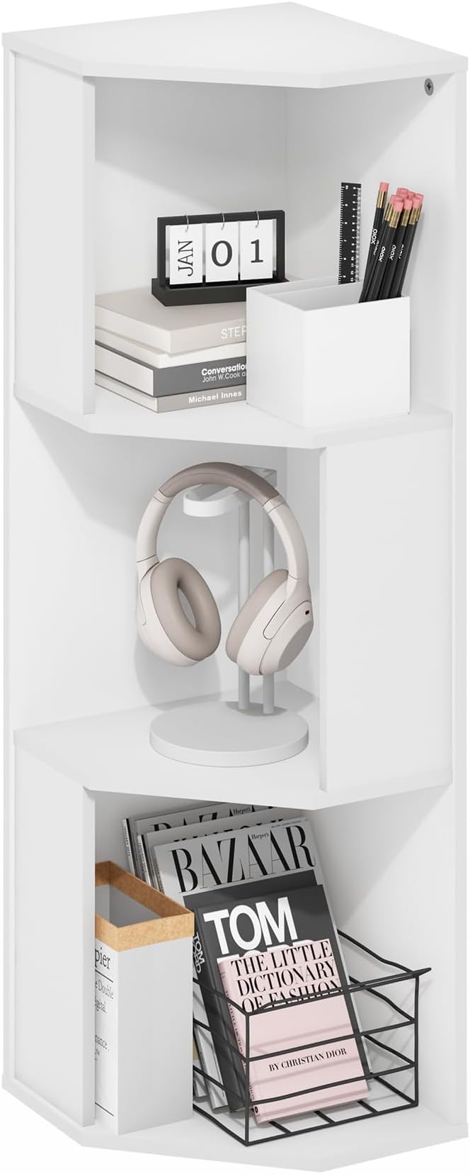 Furinno ECON Corner Shelf, 3-Tier Corner Book Shelf, Storage Shelves, Display Rack, Bookshelf, for Organization and Storage, Living Room, Home Office, Plain White