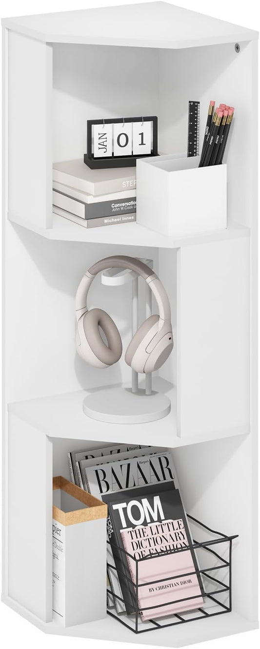 Furinno ECON Corner Shelf, 3-Tier Corner Book Shelf, Storage Shelves, Display Rack, Bookshelf, for Organization and Storage, Living Room, Home Office, Plain White