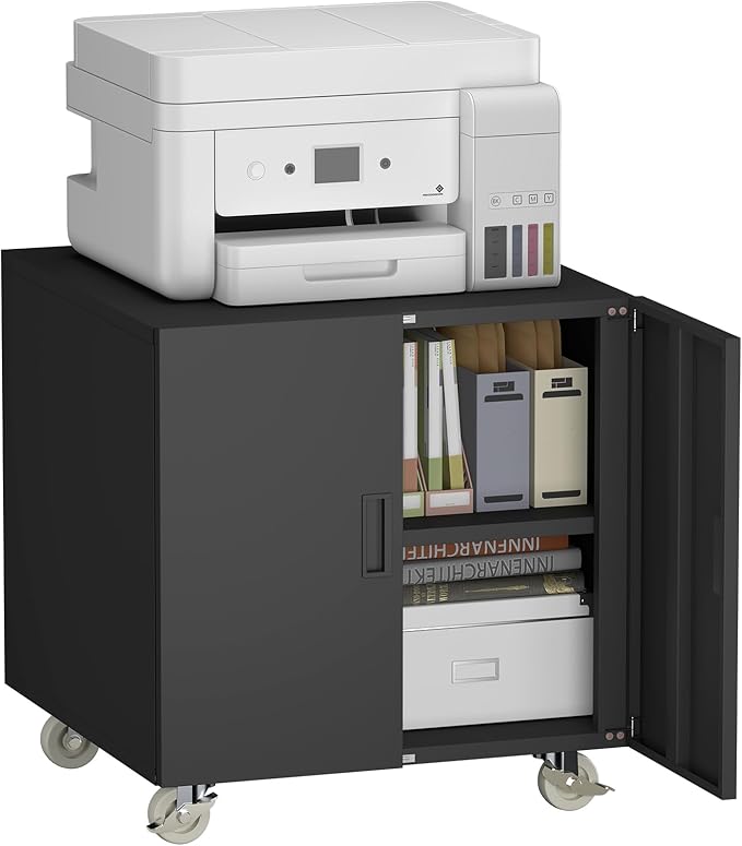 Printer Stand with Storage, Metal Printer Table for Home Office, Heavy Duty Printer Stand with Shelf, Large Table with Wheels for Printers, Mobile Cabinet for Workplace, Fits Fax, Scanner