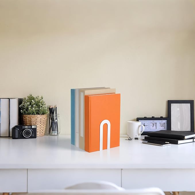 Chunful 12 Pcs White Metal Book Ends for Shelves Modern Bookends Decorative Small Bookends Shelf Organizer Minimalist Design Stopper to Hold Books for Home Office (5.5 * 3.75 * 2.25inch)