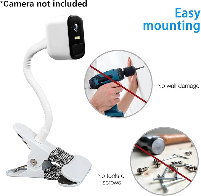 Adjustable Gooseneck Clamp Mount for eufy Cameras, Mounting Bracket Compatible with Arlo Pro 5S/Pro 4/Pro 3/Pro 2/Essential and More 1/4'' Camera(No Drill,White, 1 Pack)