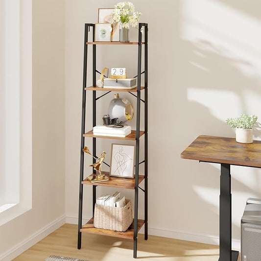 Hzuaneri Ladder Shelf, Bookshelf Bookcase, Freestanding Corner Storage Shelve with 2 Hooks for Home Office, Living Room, Kitchen, Bedroom, Industrial, 11.8" D x 17.3" W x 63" H, Rustic Brown BC19201B