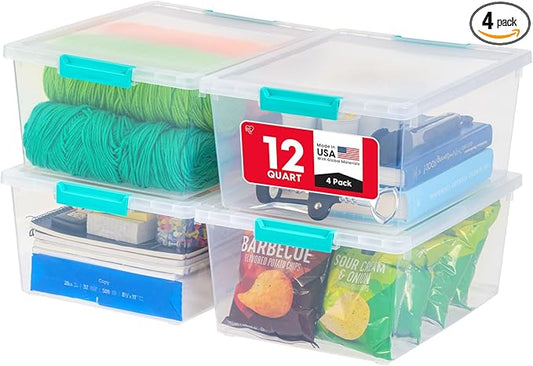 IRIS USA 12 Qt. Craft Storage Bins with Lids, 4-Pack, |Made in USA|, Clip Box, Medium Plastic Sensory Bin Tote Organizer Containers for Art Supplies, Paper, & Office, Stackable - Clear/Seafoam Blue