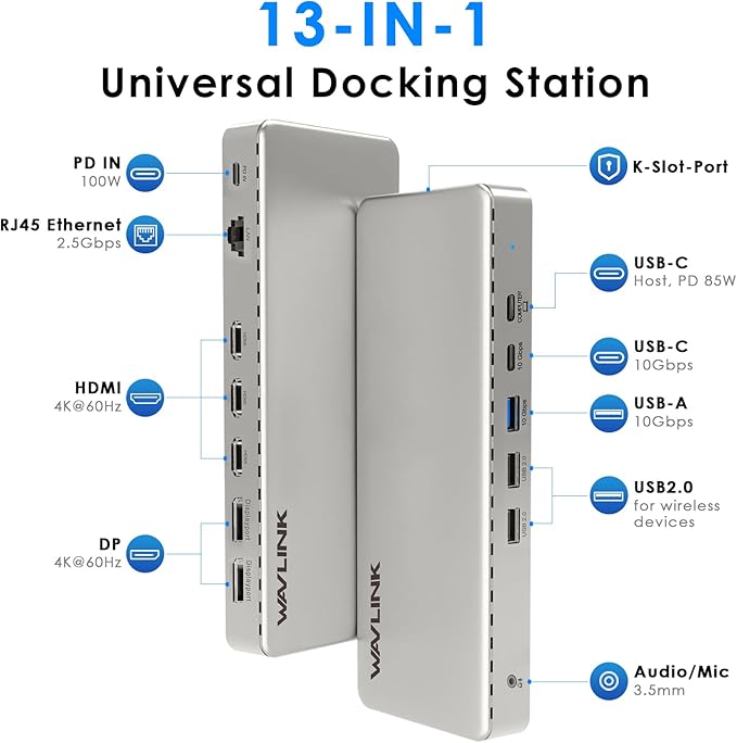 Docking Station 3 Monitors,WAVLINK SM770 Docking Station with Triple HDMI, Dual DP, 100W PD in,10Gb USB A&C,2.5G Ethernet,Compatible with MacBook Neo/Mac OS, SMI Driver & Host USB3.2 Gen 2 Required