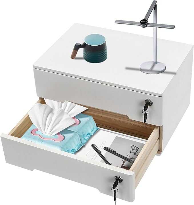 Wooden Desk Organizer with Drawers & Lock, Desktop Countertop Storage Cabinet Lockable Home Office Supplies File Tabletop Organizing Unit (2 Drawer - Modern White)