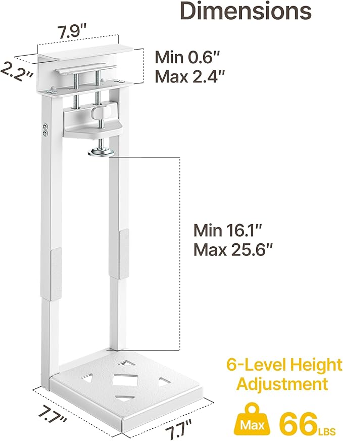 monTEK 66 LBS Heavy-Duty Ventilated Under Desk PC Mount, Adjustable No-Drill PC Mount with Protective Pads,16.1"-25.6" H, Ideal for Office Home Classroom, White