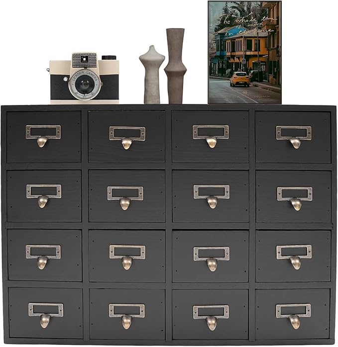 16-Drawer Wooden Desk Organizer Storage Box with Label Holders Vintage Wood Desktop Organizer, Desk Drawer Unit Collectors Box for Living Rooms, Bedrooms, Offices (Black, 1PC, 16 Drawers)