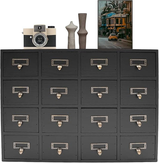 16-Drawer Wooden Desk Organizer Storage Box with Label Holders Vintage Wood Desktop Organizer, Desk Drawer Unit Collectors Box for Living Rooms, Bedrooms, Offices (Black, 1PC, 16 Drawers)