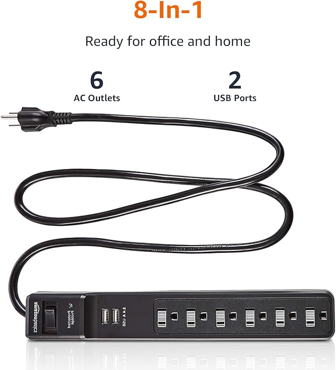Amazon Basics Surge Protector Power Strip with 6 Outlets, 2 USB Ports, 1000 Joule, 6-Foot Cord Length, Black