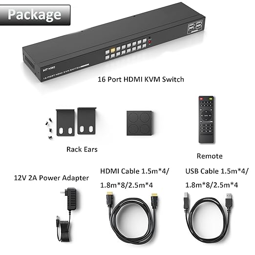 MT-VIKI 4K 16 Port KVM Switch HDMI, 4K@30Hz Rack Mount KVM Console w/16 Cables + 4 USB 2.0 Devices + Remote, Support EDID Storage, HDMI 1.4, HDCP 1.4 for 16 Computers/Servers, Fit 1U 19'' Rack