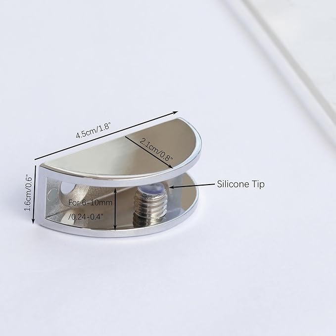 8-Pack Adjustable Metal Shelf Brackets, Semi-Circular Glass Clips, Wall Mount Support Clamp Holder for 6-10mm Shelves in Bathroom, Kitchen, Closet & Living Room, Chrome Plated Cabinet Hardware