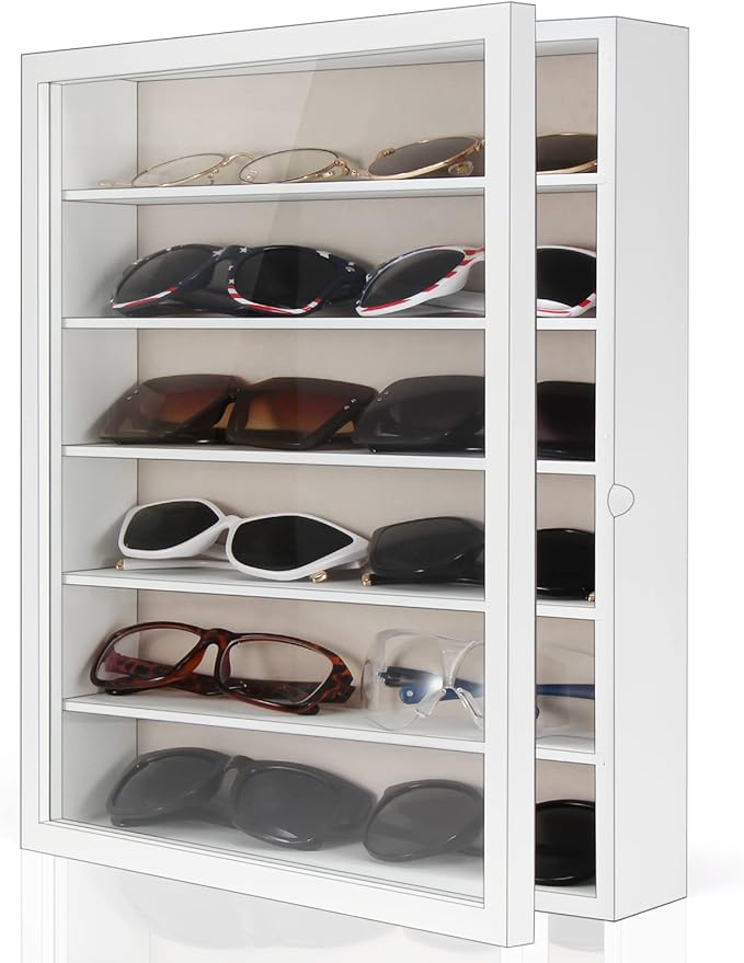 TJ.MOREE Sunglasses Organizer Storage Wall Mounted: 13 x 15.6 inches Eyewear Display Case 6 Tier Rustic Wood Eyeglasses Holder Large Glasses Storage Box, White