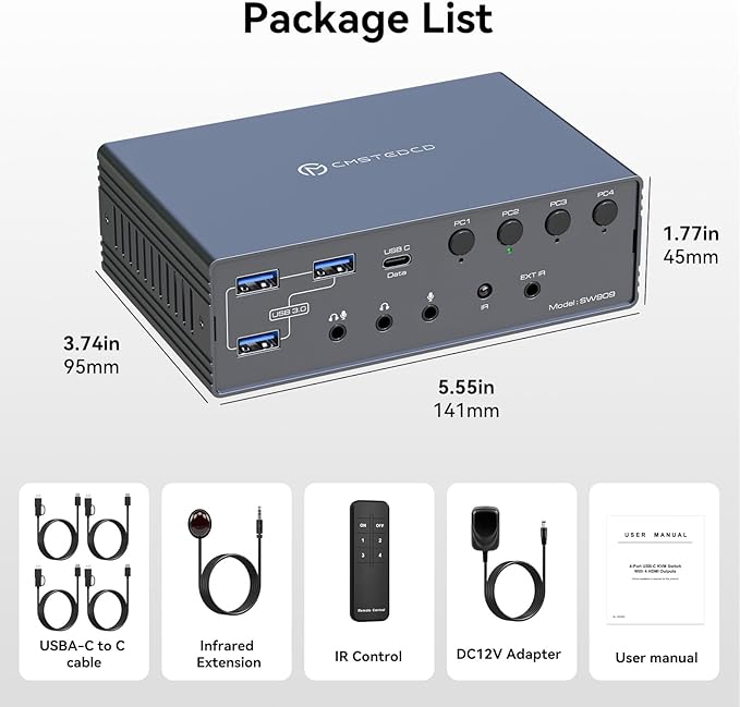 USB C KVM Switch 4 Computers 4 Montors Docking Station for M1 M2 M3 M4 with Displaylink Technology,4K60Hz HDMI KVM Multi-Monitor Extended/Mirrored Display Out for Windows Mac